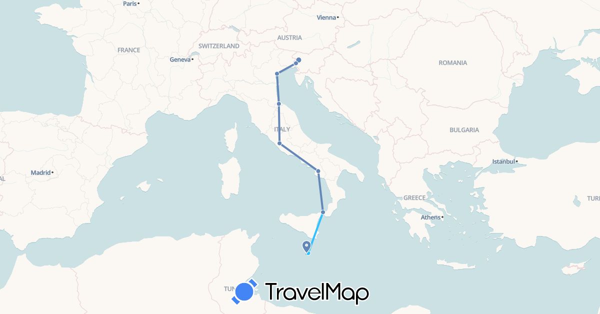 TravelMap itinerary: driving, cycling, boat in Italy, Malta, Slovenia, San Marino (Europe)